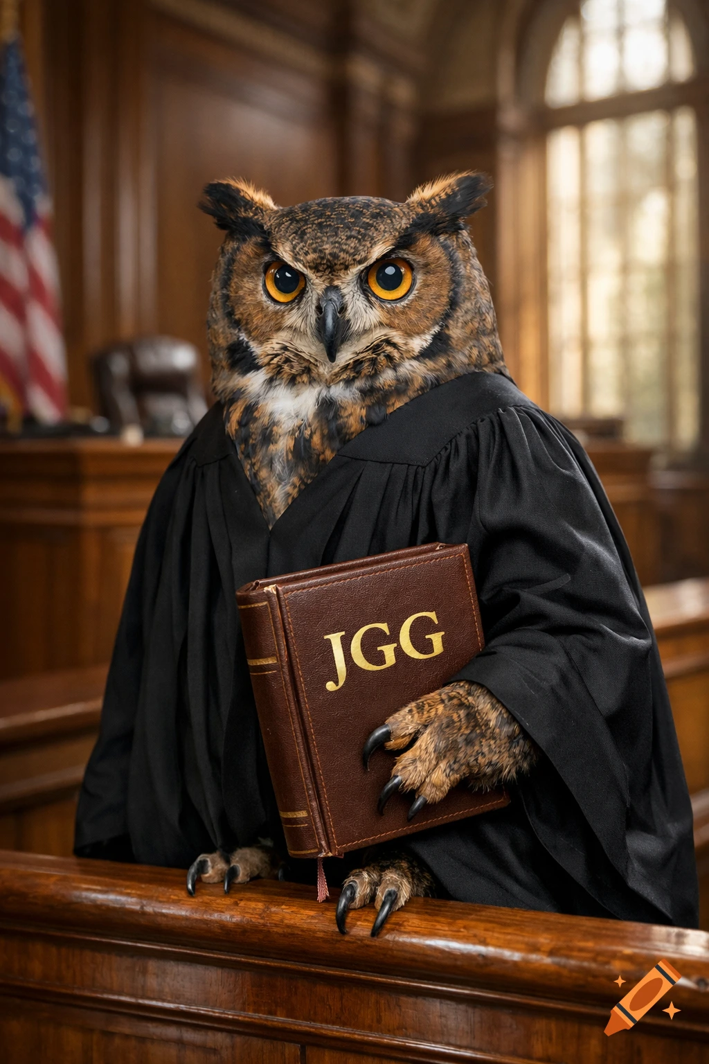 A photorealistic great horned owl dressed in a black judge's robe, holding a brown law book with 'JGG' on the cover, standing in a courtroom.