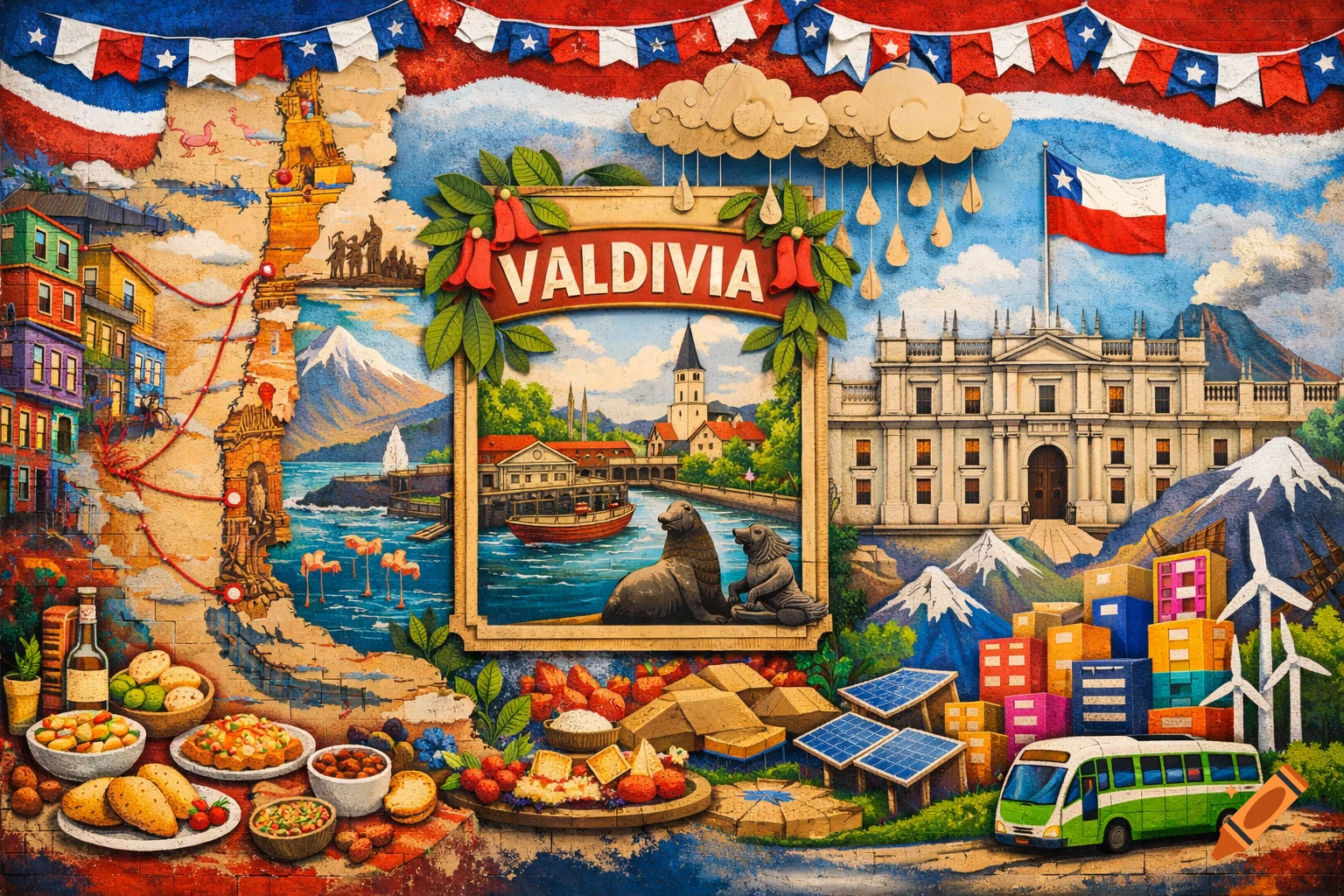 Vibrant collage-style mural of Chile, featuring a framed scene of Valdivia, the Chilean flag, mountains, and local culture.