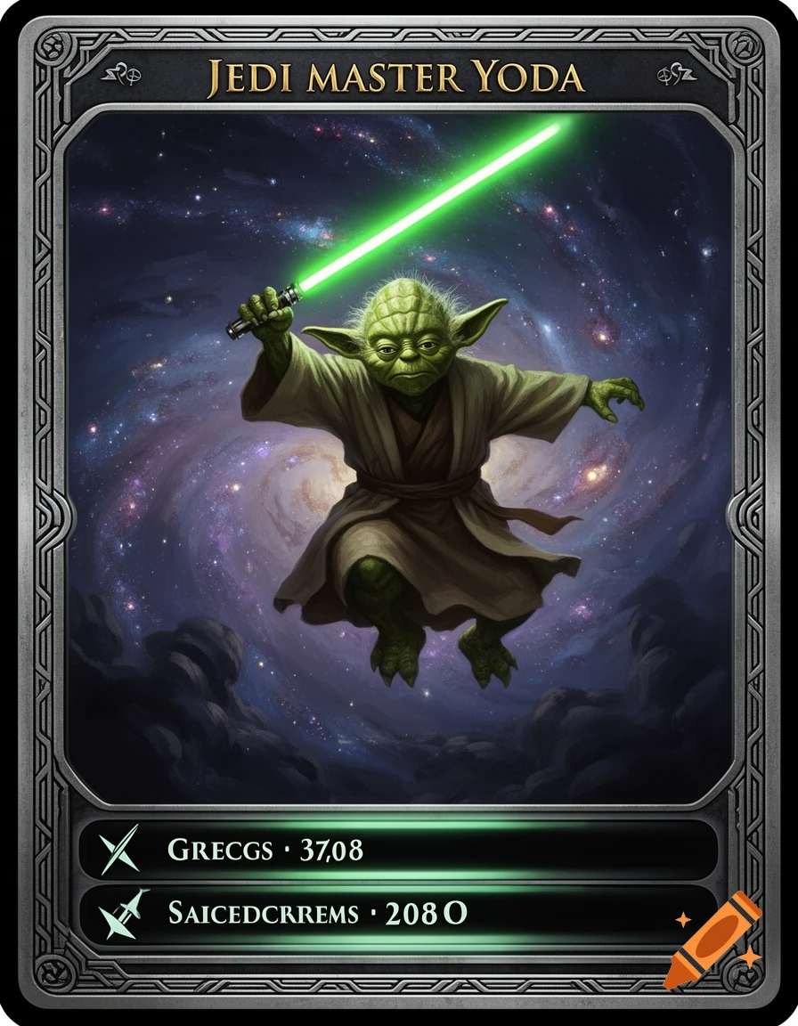 Yoda holding a green lightsaber, floating in space on a Star Wars-themed trading card.