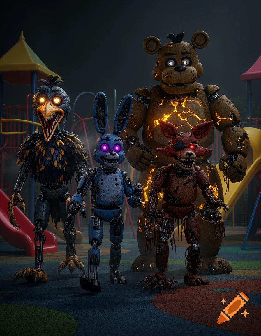 Four menacing animatronics with glowing eyes and damaged bodies, resembling a bird, rabbit, fox, and bear, stand in a dark playground.