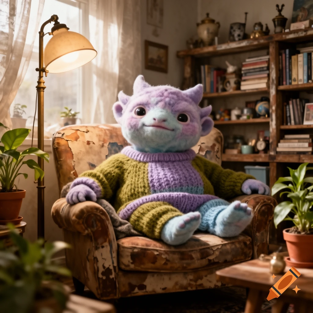 A cute, fuzzy purple and blue creature in a knitted sweater sits in a rustic armchair in a cozy room with plants and a bookshelf.