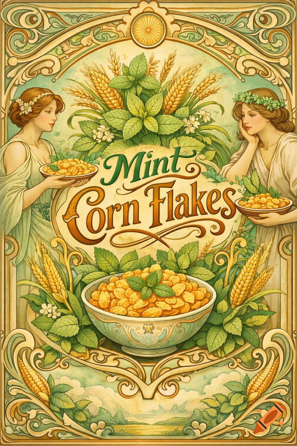 Art Nouveau illustration for Mint Corn Flakes packaging, with two women, wheat, and mint surrounding a bowl of cereal.