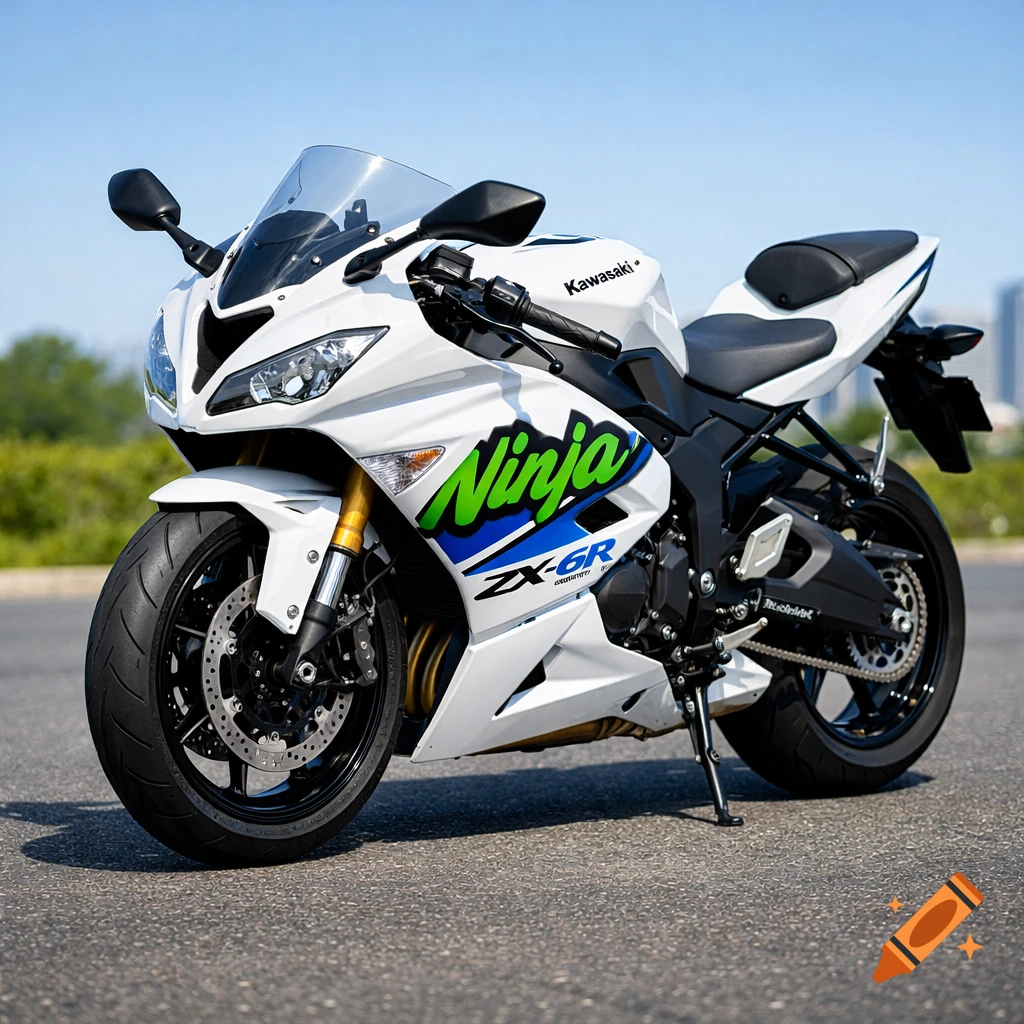 A white Kawasaki Ninja ZX-6R motorcycle with green and blue text, parked on an asphalt road under a clear blue sky.