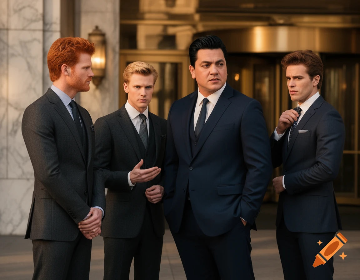 Four serious men in dark suits stand outside a grand building. One man has red hair, another blonde, and two have dark hair.