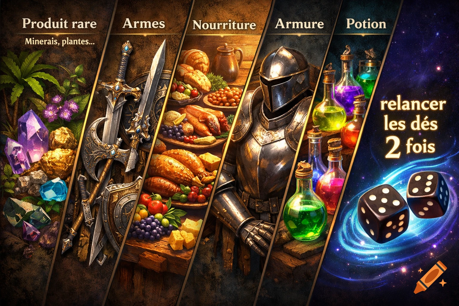 A fantasy game art collage showing diagonal panels with categories: 'Produit rare' with crystals and plants, 'Armes' with swords, 'Nourriture' with food, 'Armure' with a knight's suit, 'Potion' with colorful bottles, and 'relancer les dés 2 fois' with dice on a cosmic background.