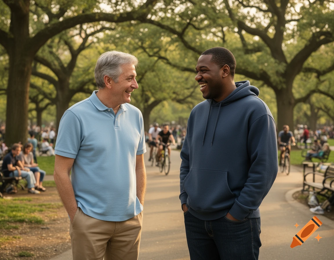 Two men, one older in a light blue polo, one younger in a dark blue hoodie, laughing together in a sunny park with trees and people.