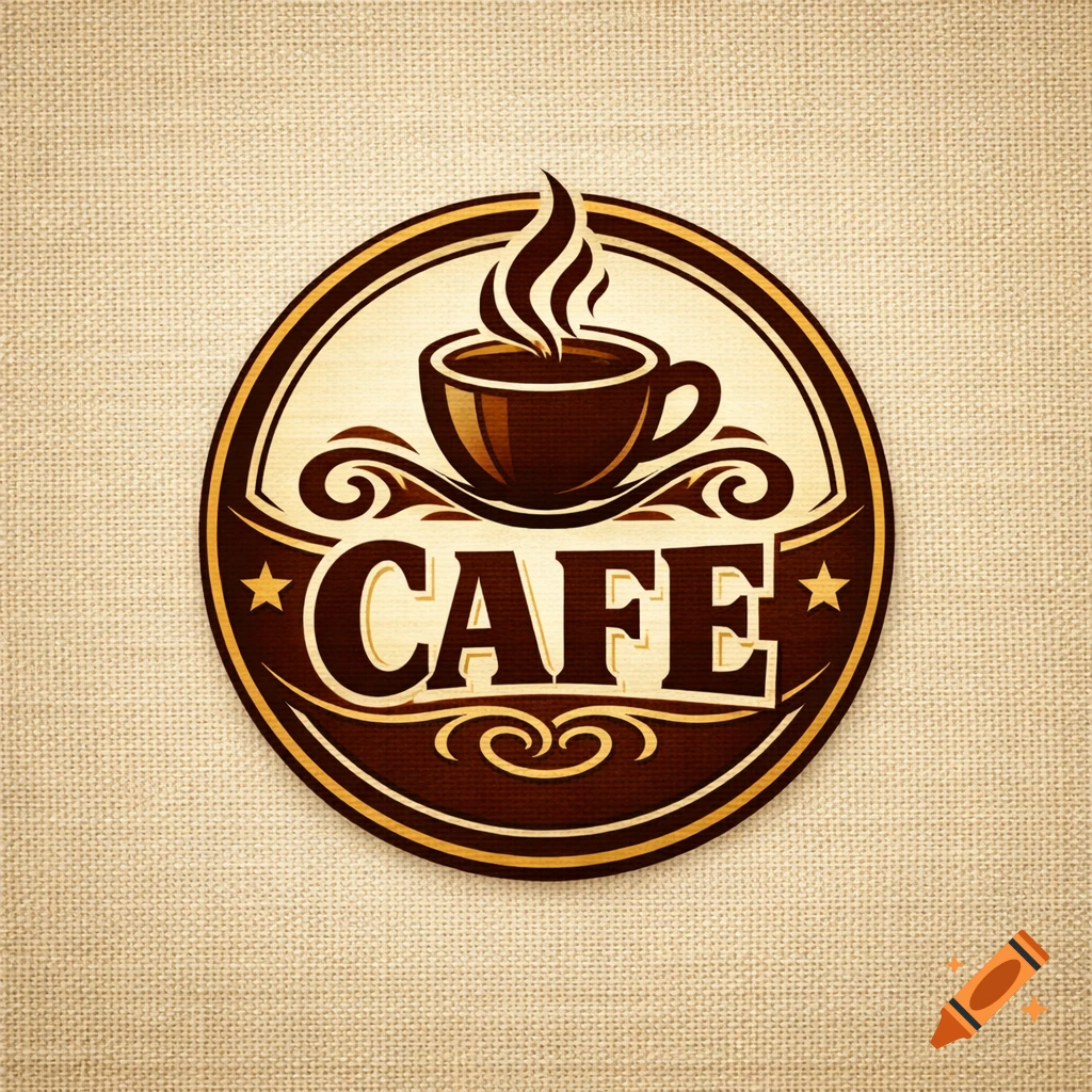 A vintage-style circular cafe logo with a steaming coffee cup, decorative swirls, and the word 'CAFE' on a textured background.