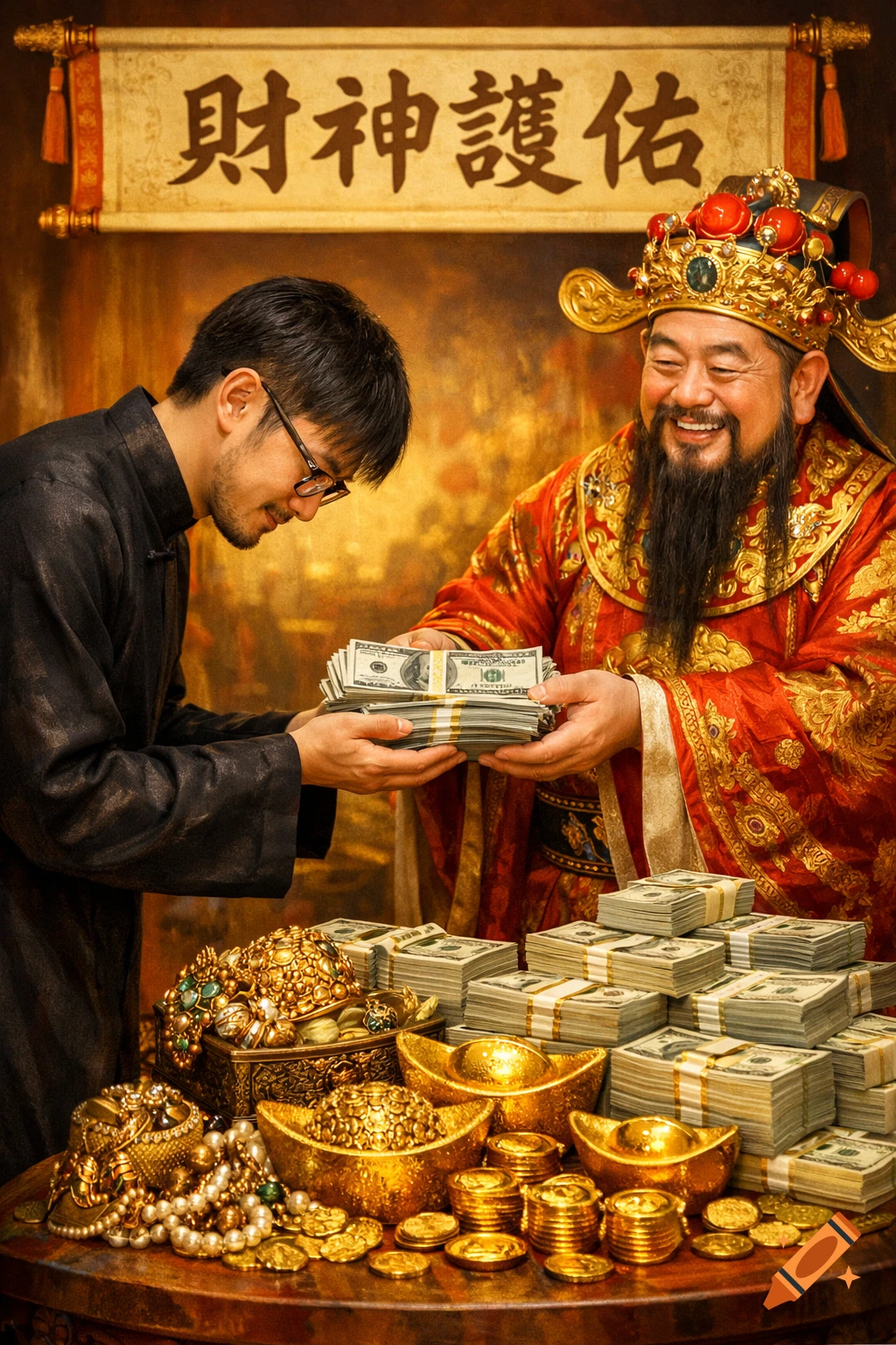 Chinese God of Wealth in traditional attire giving stacks of US dollars to a man, surrounded by gold and money, in a photorealistic style.