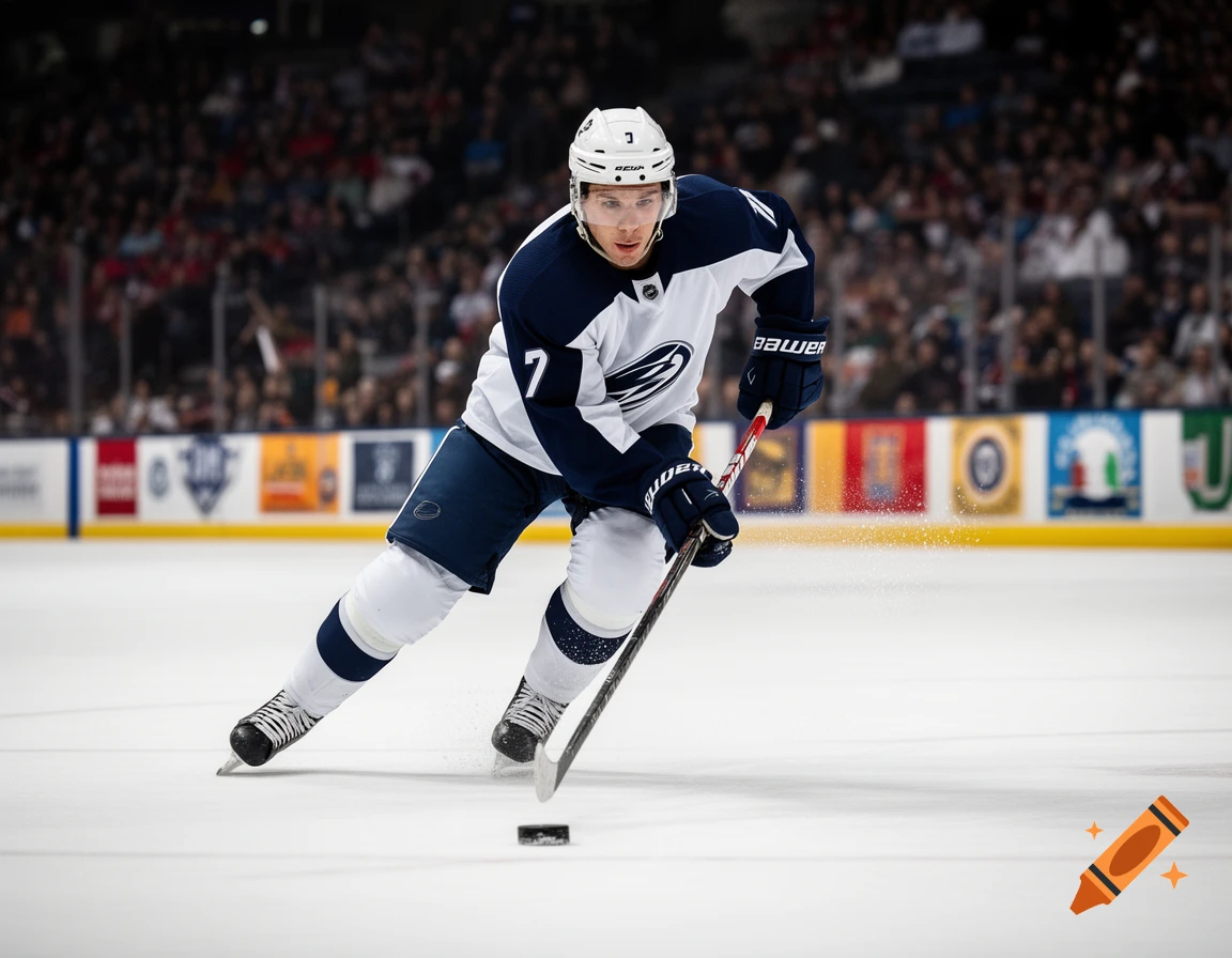 A photorealistic image of a hockey player in a white and blue uniform, skating on ice with a stick and puck during a game in an arena.