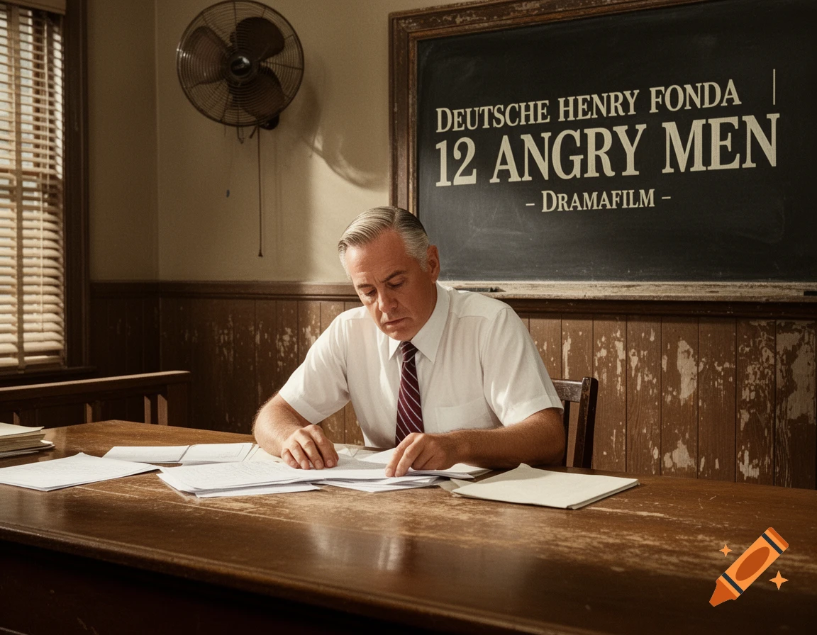 A man in a white shirt and tie reads papers at a desk in a room with a chalkboard listing '12 Angry Men'.