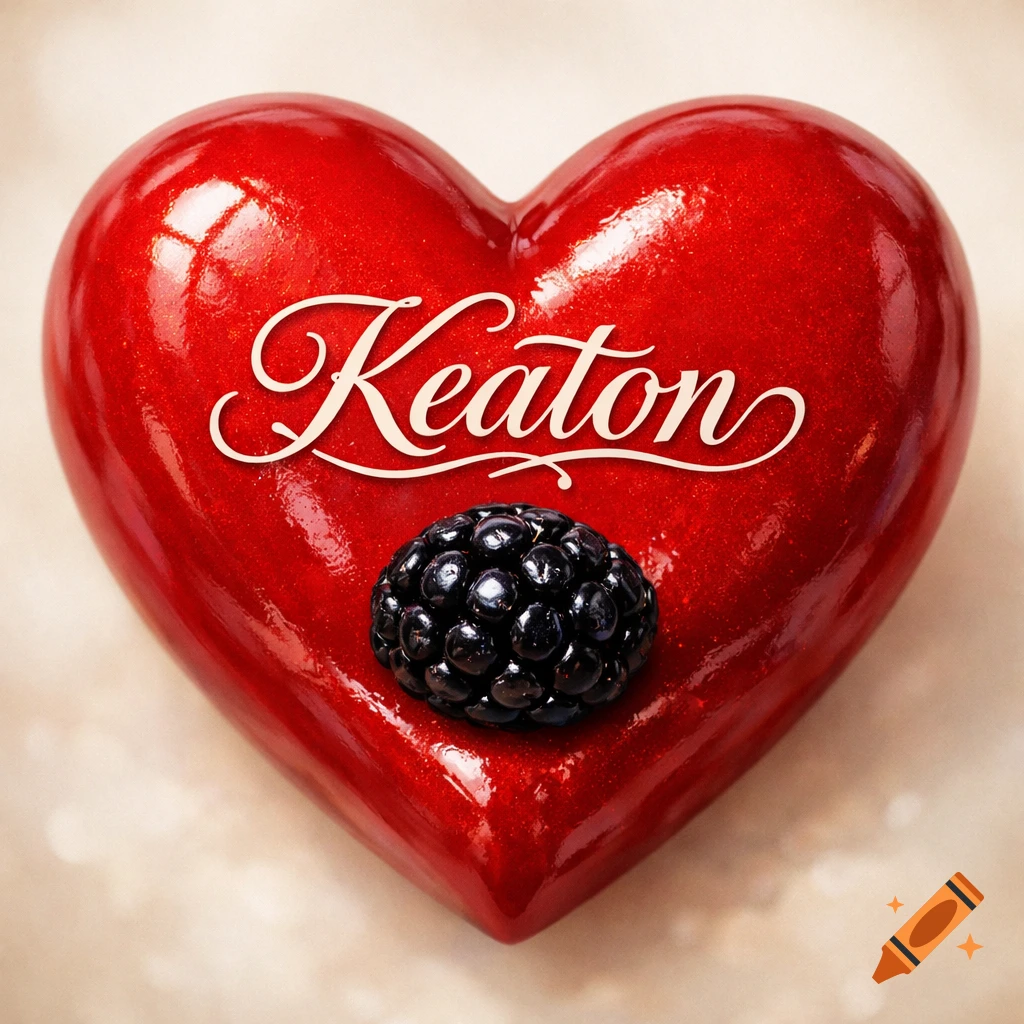 A glossy red heart with the name "Keaton" written in elegant script, and a single black blackberry nestled below it.