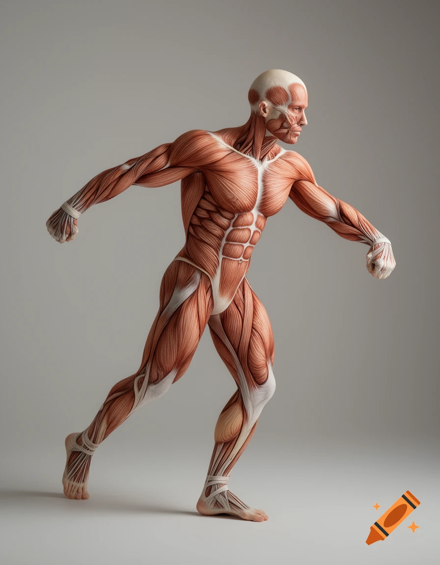 A highly detailed, full-body anatomical rendering of the human muscular system in a dynamic pose against a light gray background.