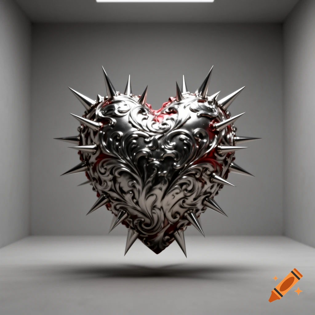 A silver, ornate, spiked heart floats in a minimalist grey room.