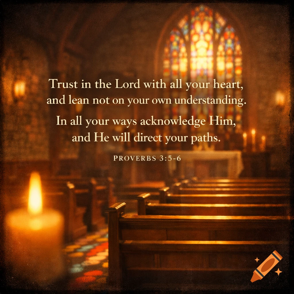 A softly lit church interior with wooden pews, a stained-glass window, and a lit candle, displaying the Bible verse Proverbs 3:5-6.