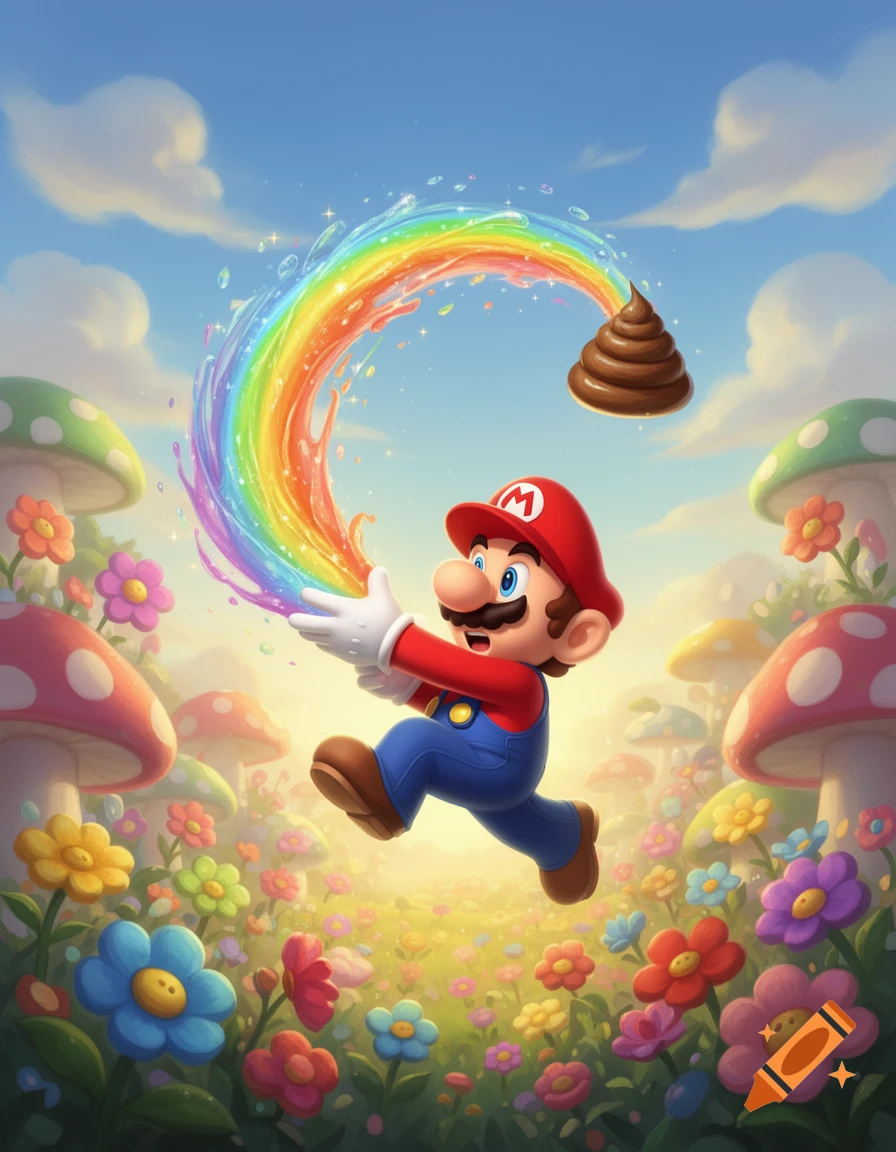 Cartoon Mario jumps through a vibrant flower field, holding a rainbow arc that ends with a floating poop emoji.