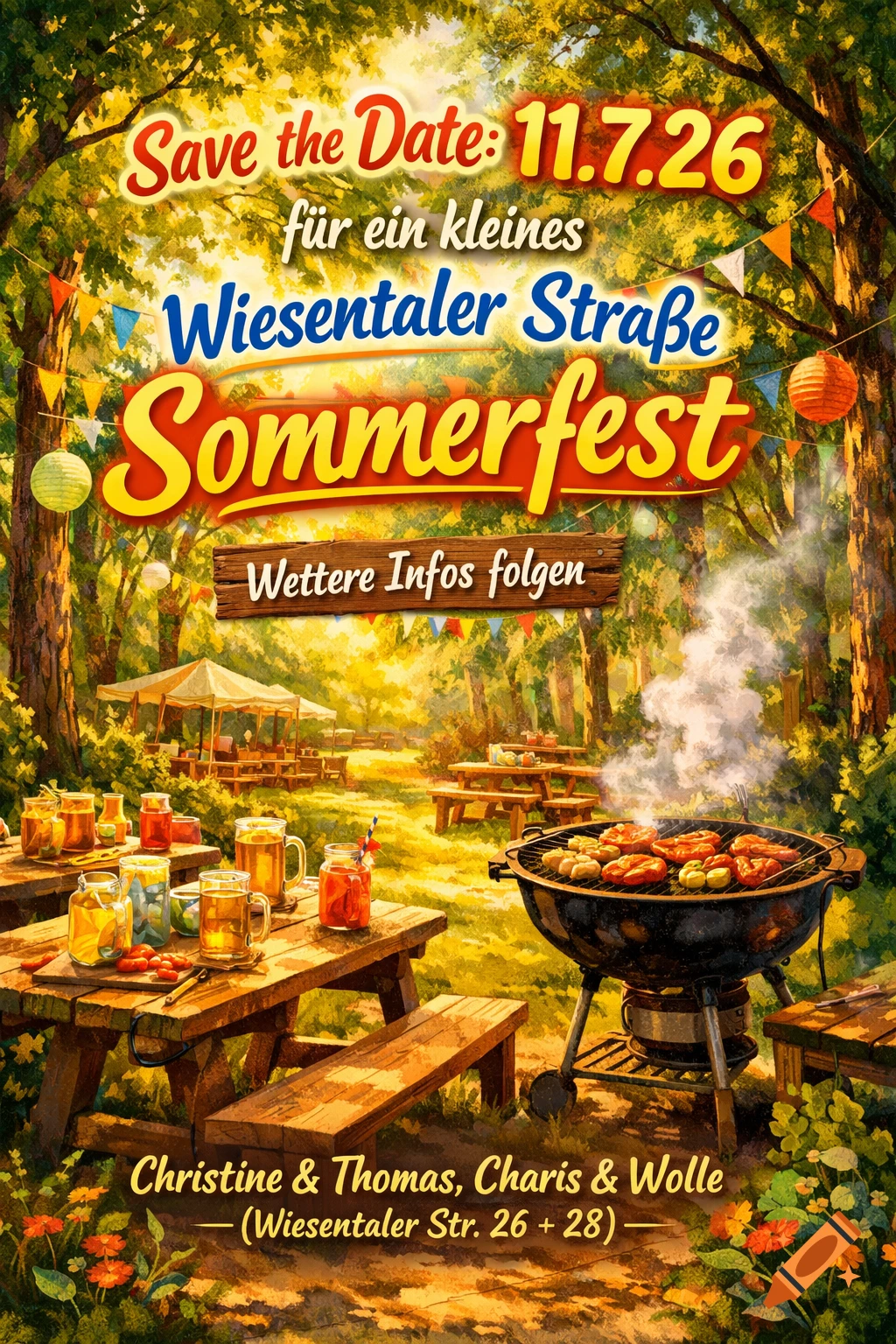 A vibrant, painterly flyer for a summer festival in a sunlit forest clearing, with a smoking BBQ grill, picnic tables laden with drinks, and decorative lanterns.