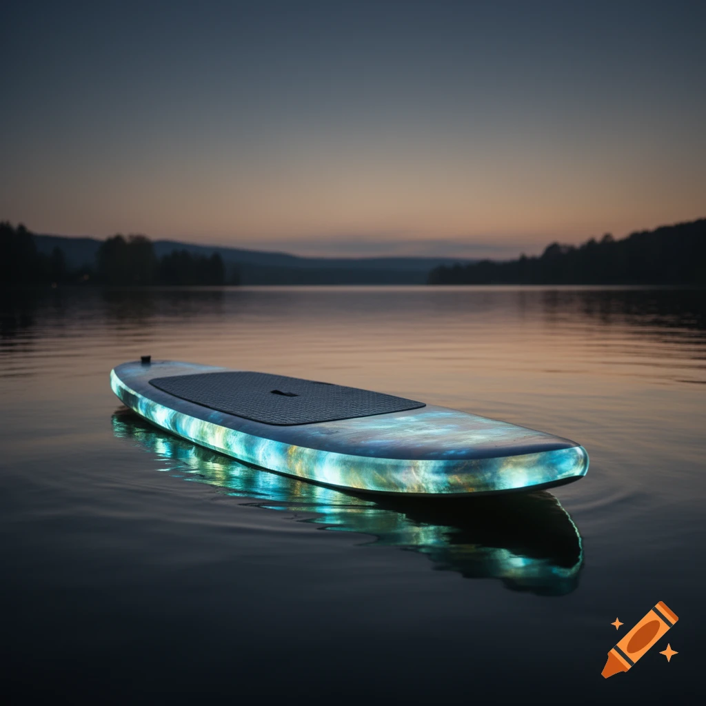 A glowing paddleboard floats on calm water at dusk, reflecting the sky and distant trees.