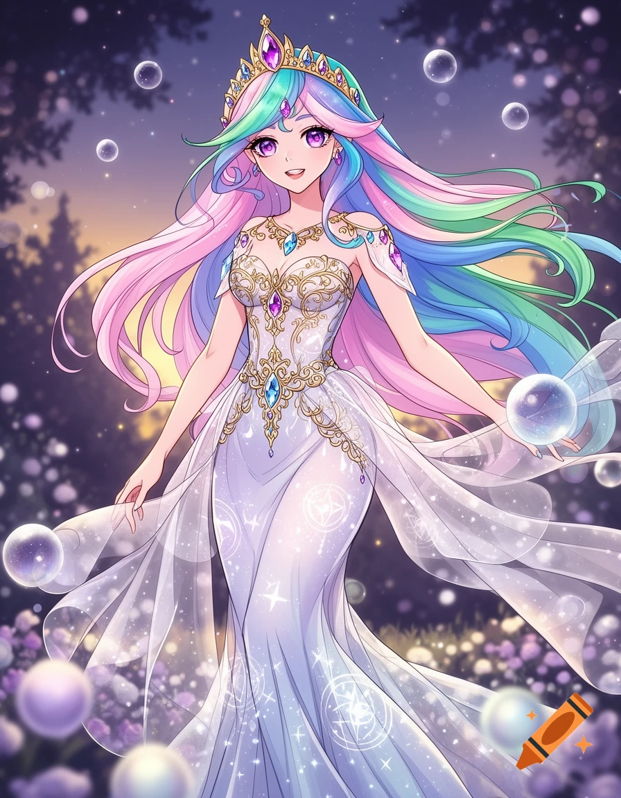 Anime princess with flowing rainbow hair and purple eyes in an elegant white gown and crown, in a magical twilight forest with glowing bubbles.