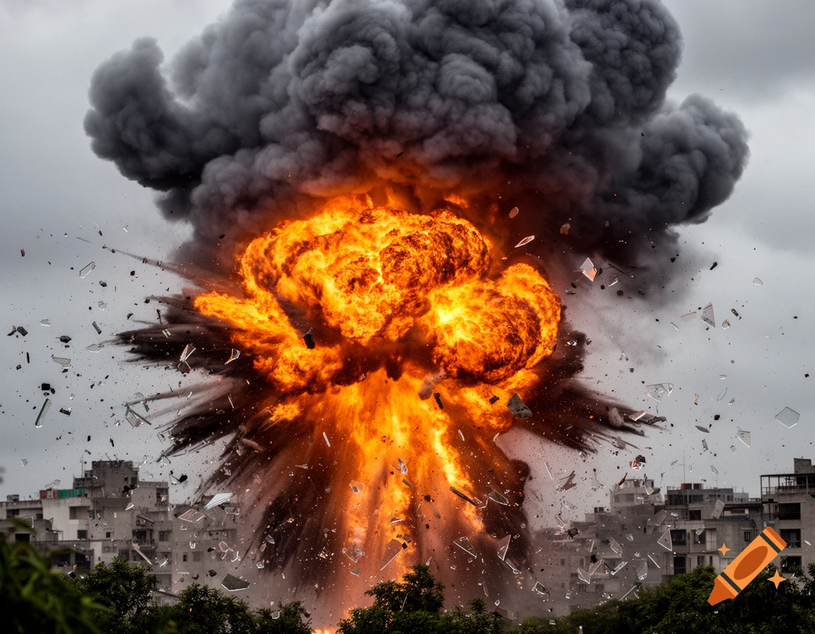 A massive fiery explosion with thick dark smoke erupts over an urban landscape, with debris flying and buildings visible below.