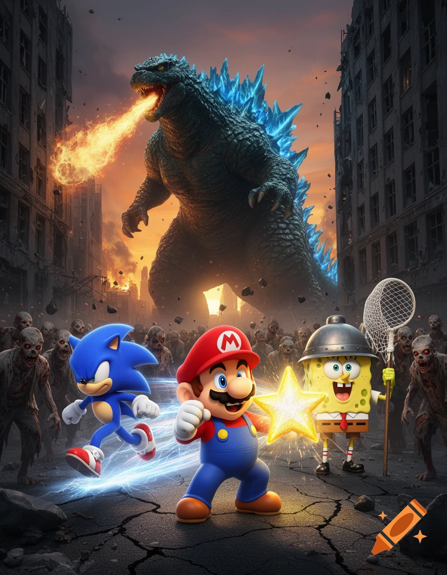 Mario, Sonic, and Spongebob fight zombies in a ruined city, with Godzilla breathing fire in the background.