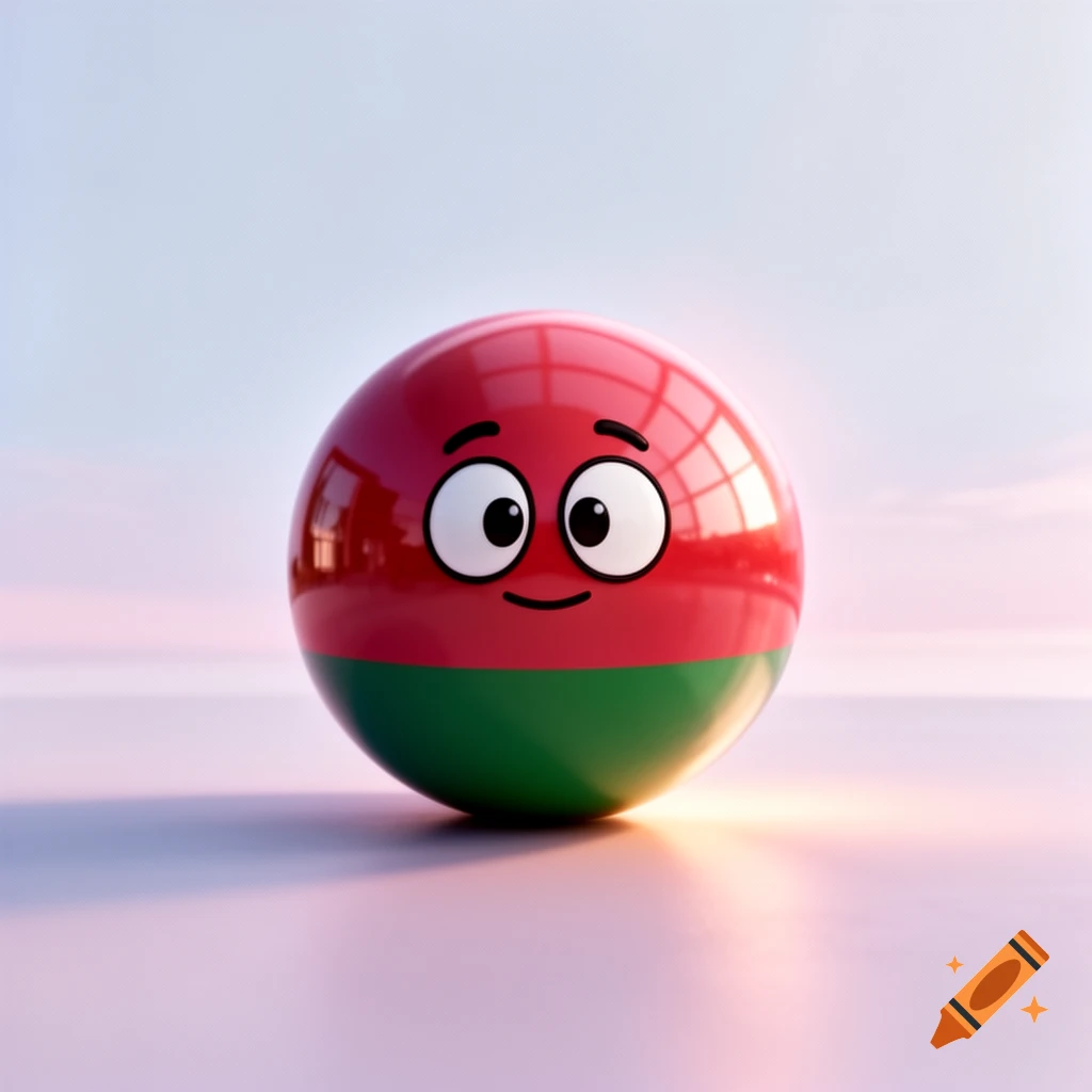 A shiny, red and green cartoon ball with a wide-eyed, smiling face, set against a soft, light-colored background.