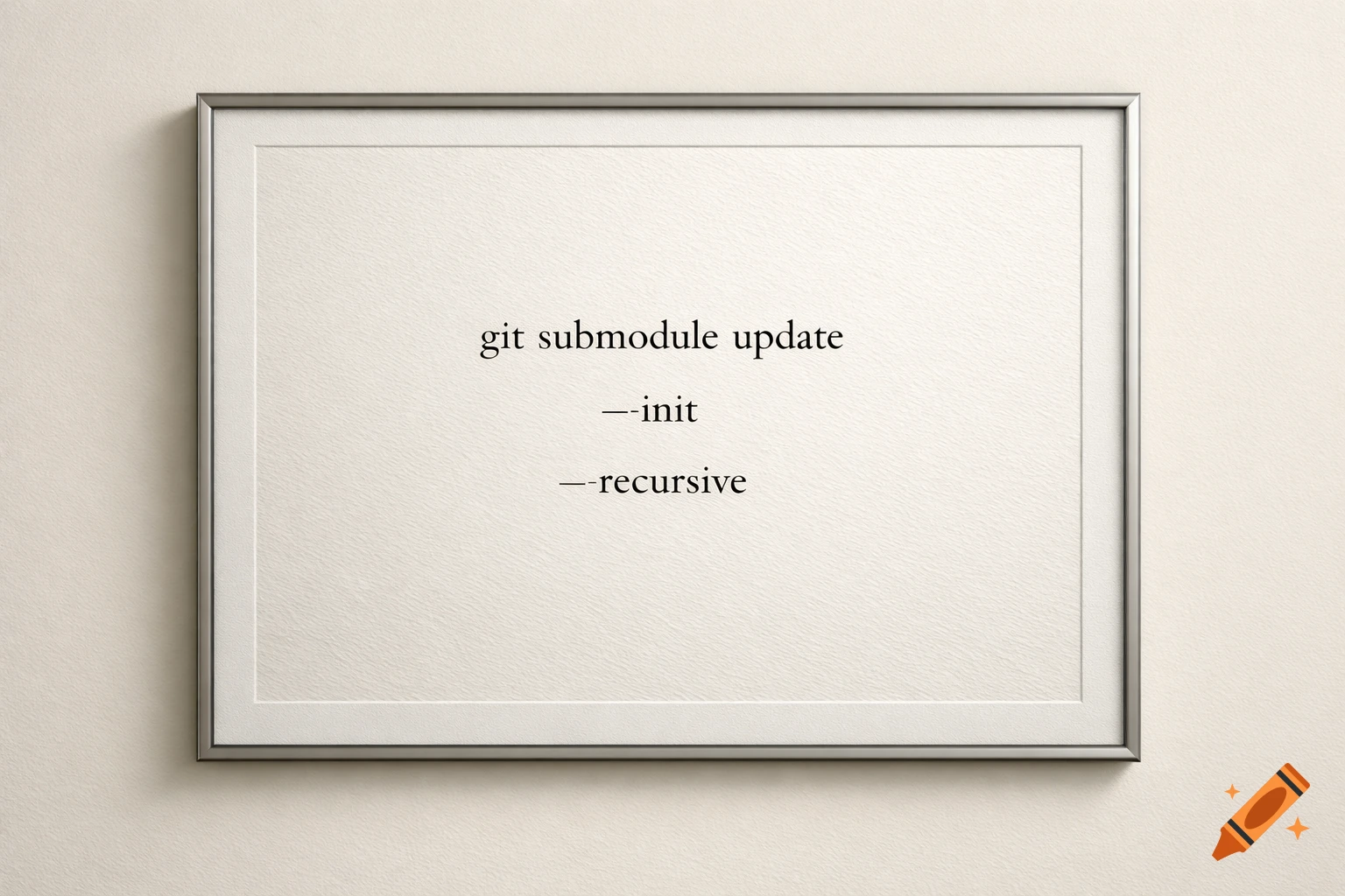 A framed minimalist print on textured paper displays the git commands: 'git submodule update', '--init', and '--recursive', in a serif font.
