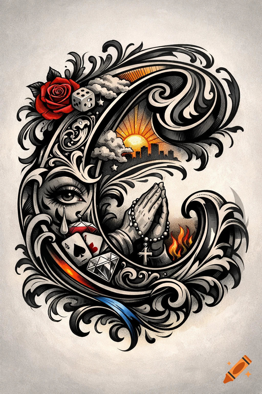 Stylized black and white tattoo art featuring a red rose, dice, a crying eye, praying hands with a rosary, cards, diamond, and a sunset city.