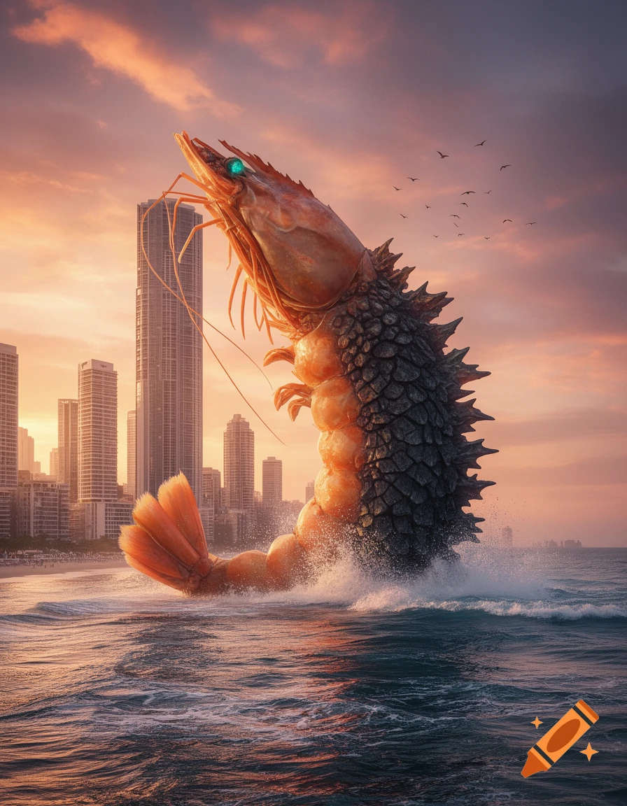 A colossal, spike-backed shrimp-like creature with glowing eyes emerges from the ocean, dwarfing skyscrapers under a dramatic sunset sky.