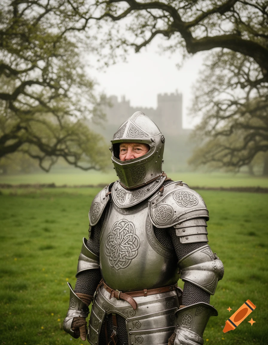 A photorealistic portrait of an old man in full medieval knight armor standing in a green field with a castle in the background.