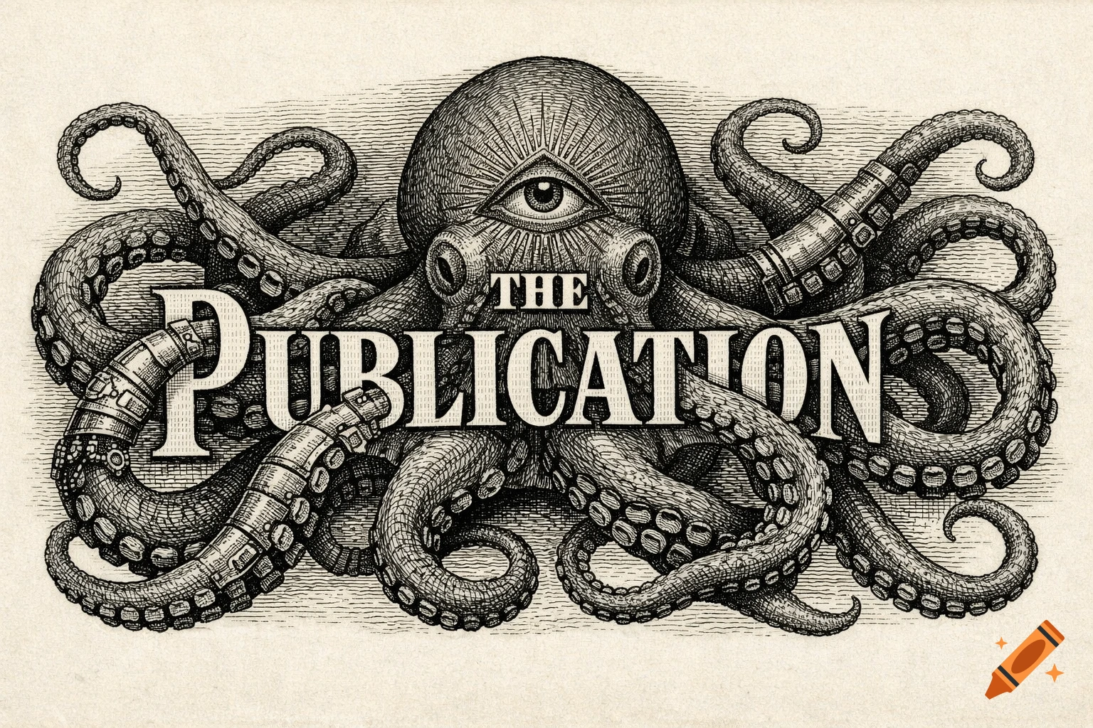 Black and white engraving of an octopus with an Eye of Providence on its head, tentacles gripping the words "THE PUBLICATION".