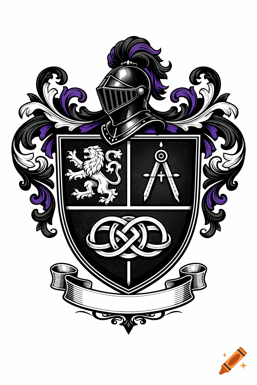 An elaborate black, white, and purple heraldic crest featuring a knight's helmet, a shield with a rampant lion, a drafting compass, and an interlocking knot, above a blank banner.