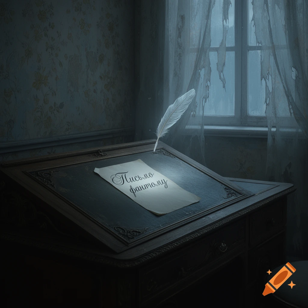 A quill floats above a letter reading "Letter to a phantom" on an antique writing desk in a dimly lit, eerie room with torn curtains.
