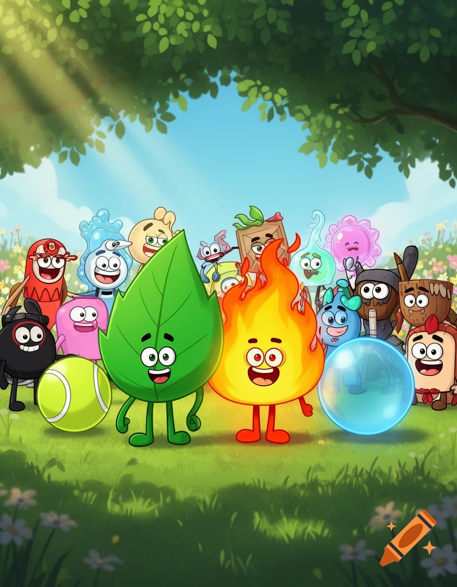 A vibrant cartoon illustration of many smiling, anthropomorphic object ...