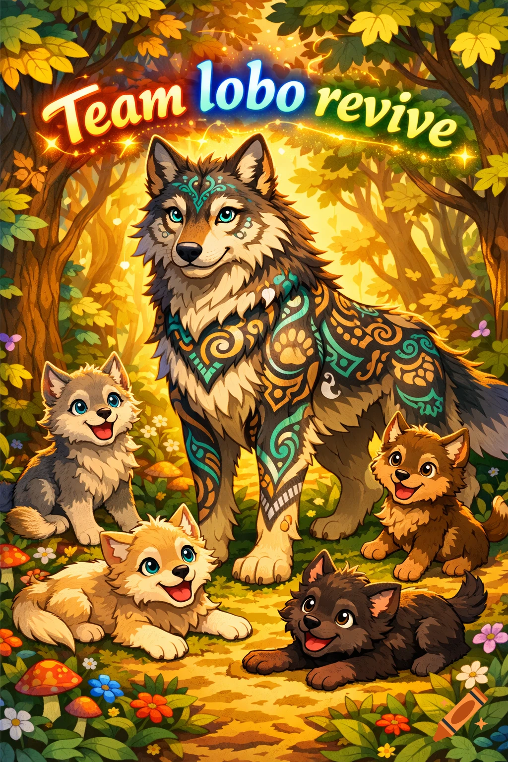 A colorful cartoon of a majestic wolf with patterned fur standing among four happy cubs in a glowing forest. Text reads "Team lobo revive".