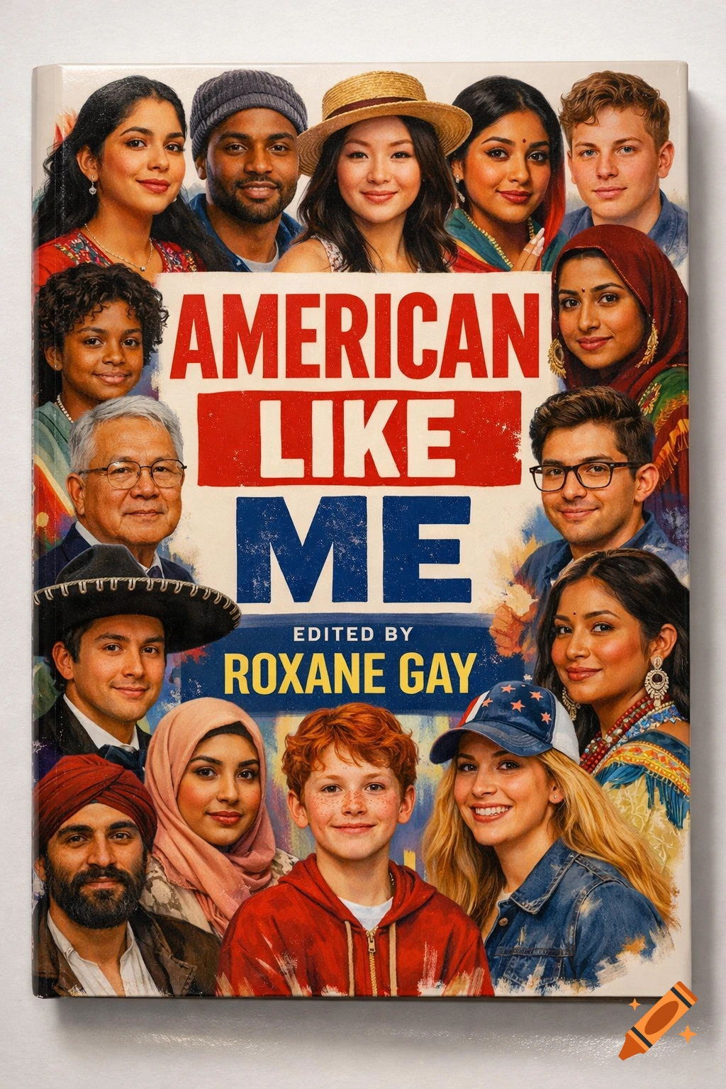 A diverse group of people smiling on the cover of a book titled 'American Like Me' by Roxane Gay, in a painted style.