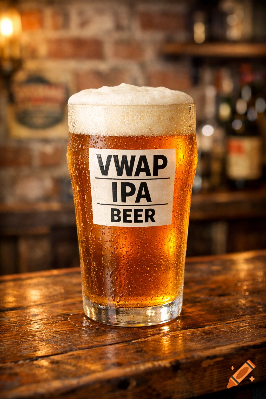 A photorealistic close-up of a frosty glass of 'VWAP IPA BEER' on a wooden bar in a dimly lit pub.