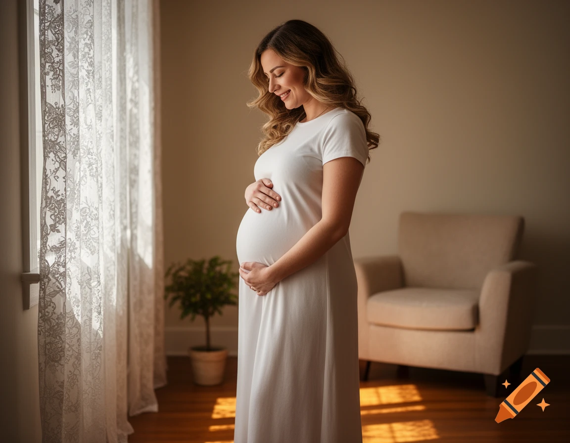 Photorealistic portrait of a smiling pregnant woman in a white dress, holding her belly by a sunlit window.