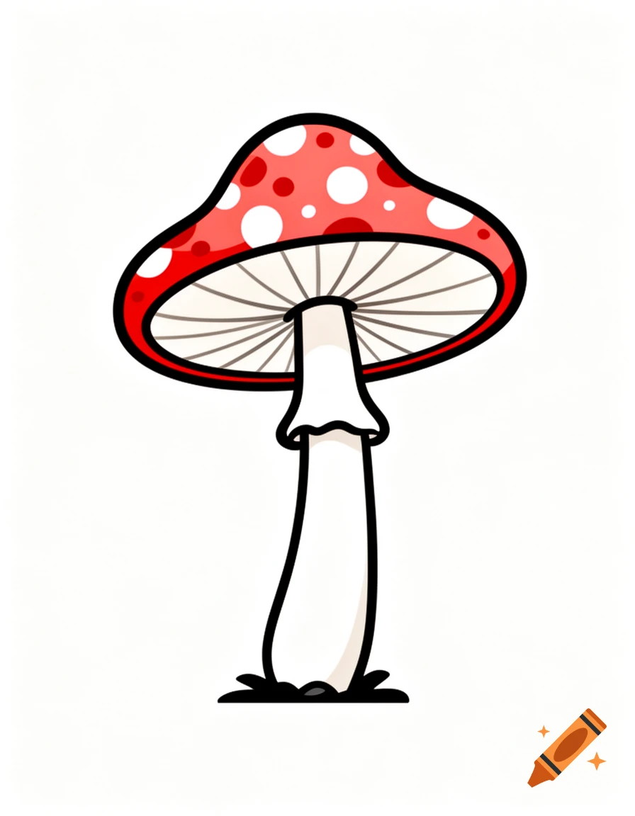 A simple cartoon illustration of a red and white spotted mushroom with a white stem on a white background.