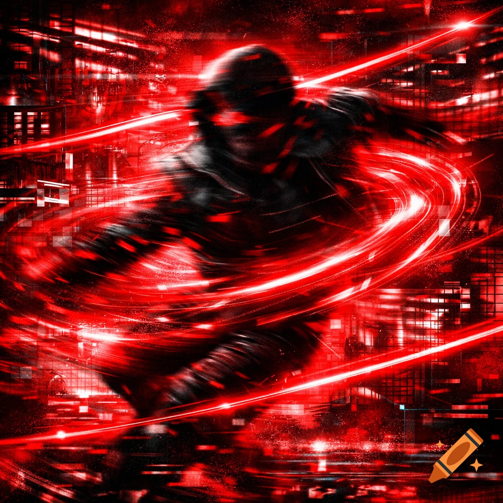 A blurry, dark figure with glowing red eyes is surrounded by streaks of vibrant red light, against a dark, glitchy, industrial background.
