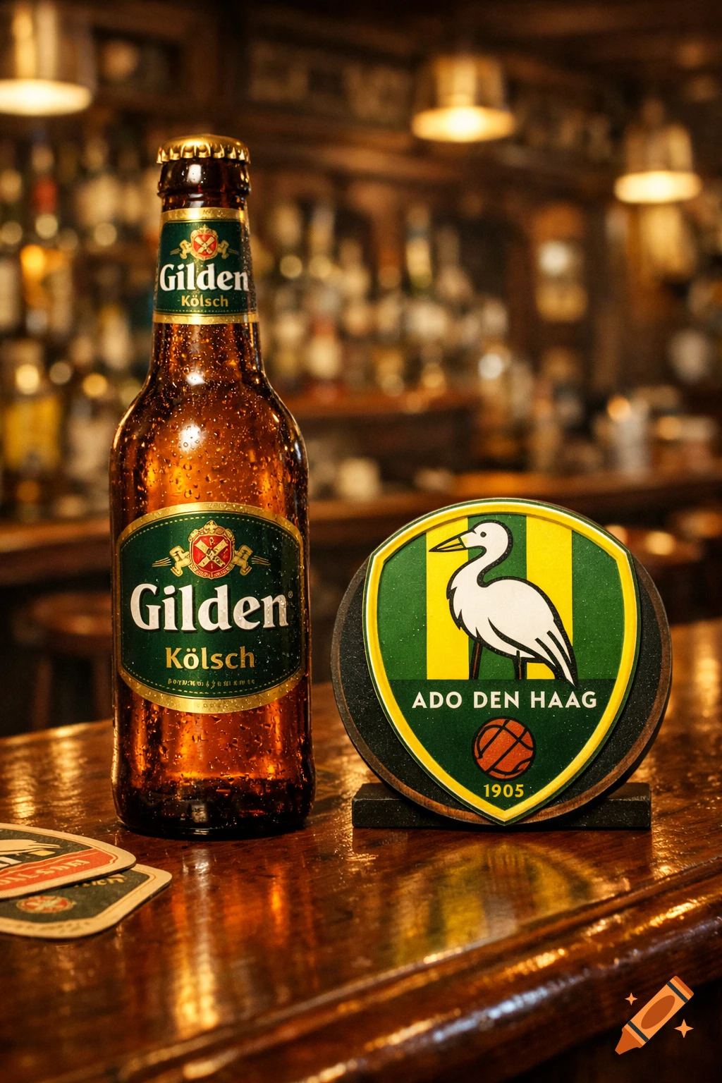 A Gilden Kölsch beer bottle and an ADO Den Haag coaster sit on a wet wooden bar top, with a blurred bar background.
