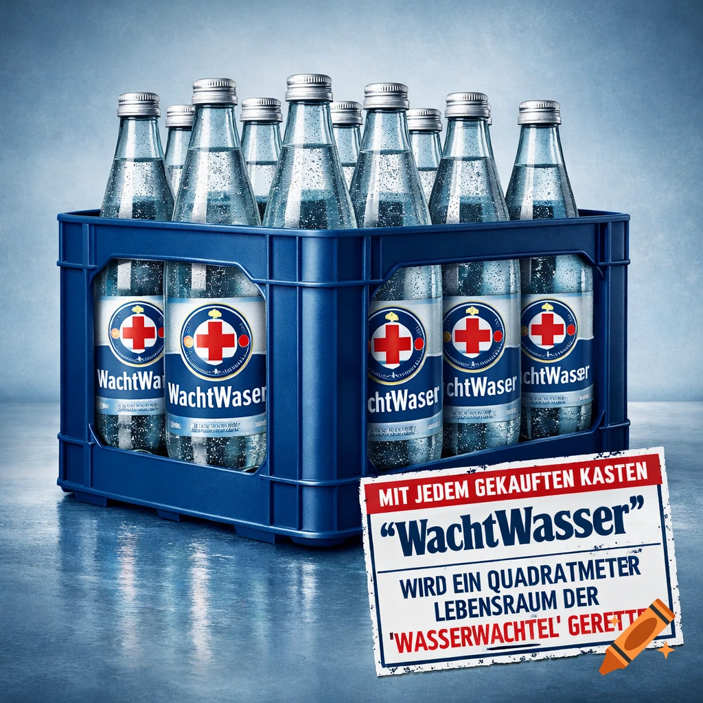 A blue crate filled with glass bottles of 'WachtWasser' mineral water, featuring a red cross logo and an ad sign about saving 'Wasserwachtel' habitat.