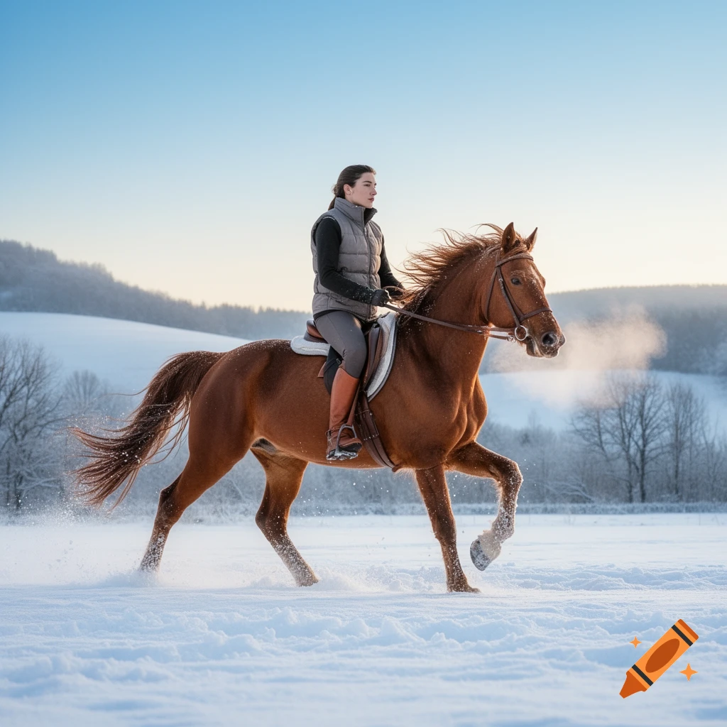 A person in winter gear rides a brown horse through a snow-covered field under a clear blue sky, with steam from the horse's nostrils.
