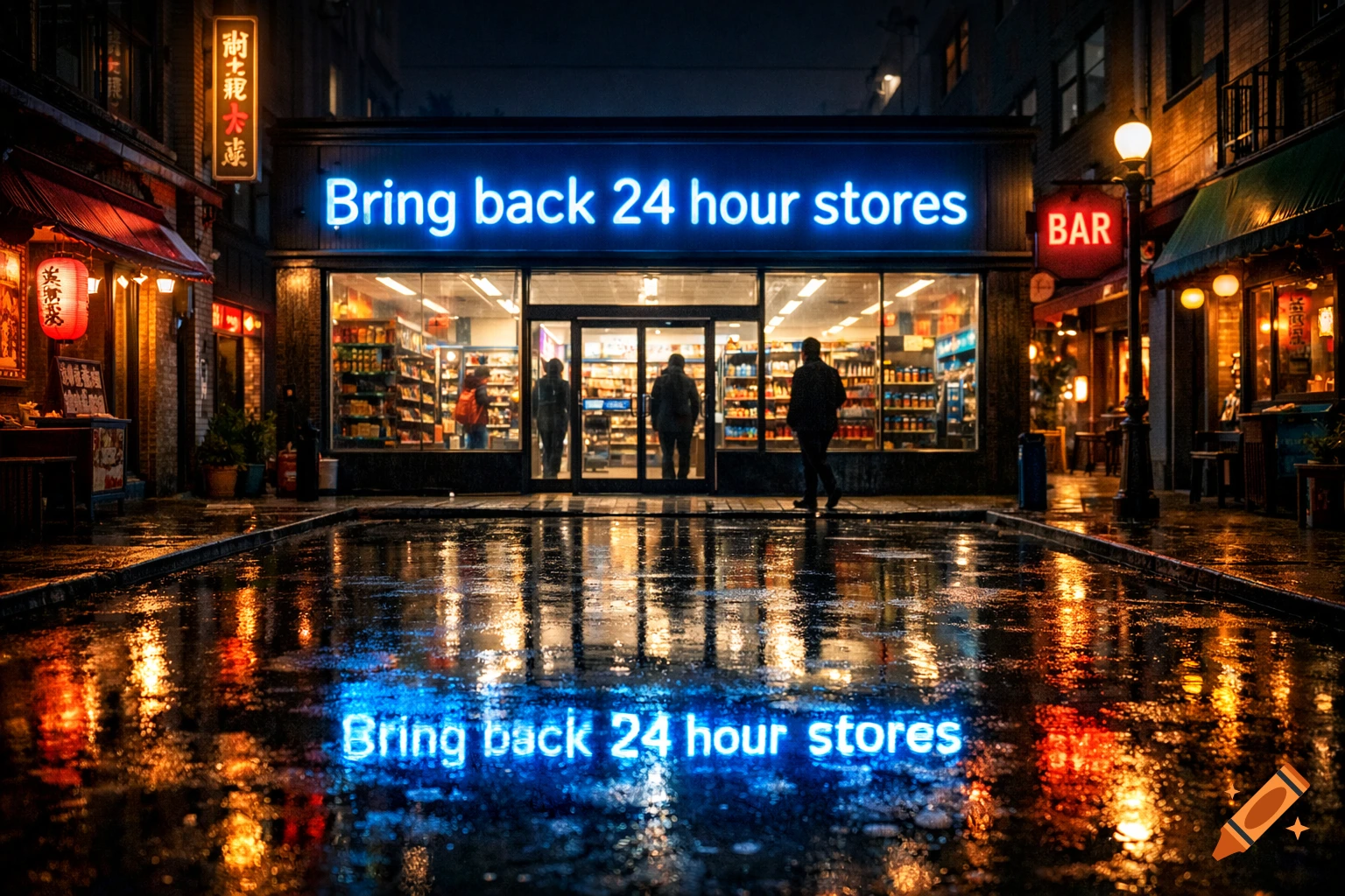 A rainy city street at night with a neon-lit store sign that reads 'Bring back 24 hour stores' reflected in the wet pavement.