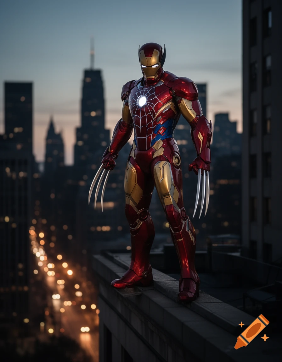 Photorealistic image of a superhero character, a mashup of Iron Man, Spider-Man, and Wolverine, standing on a city rooftop at dusk.