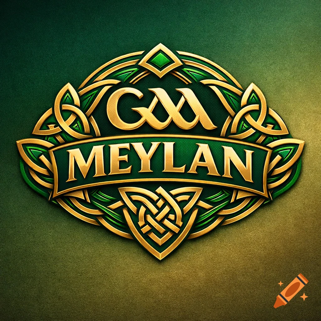 A gold and green logo featuring Celtic knots, with 'GAA' at the top and 'MEYLAN' on a banner below, against a textured green background.