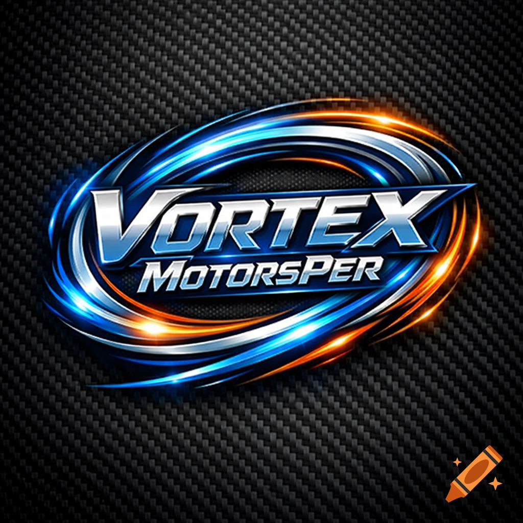 Metallic "Vortex Motorsper" logo with glowing blue and orange accents on a carbon fiber background.