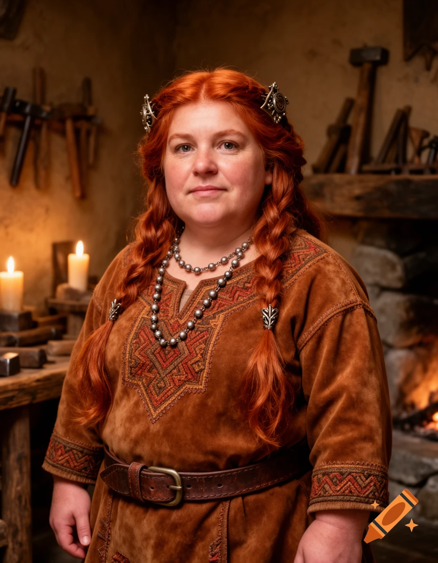 A photorealistic portrait of a red-haired woman with braids, wearing a brown tunic and beaded necklace, standing in a workshop with a fireplace.