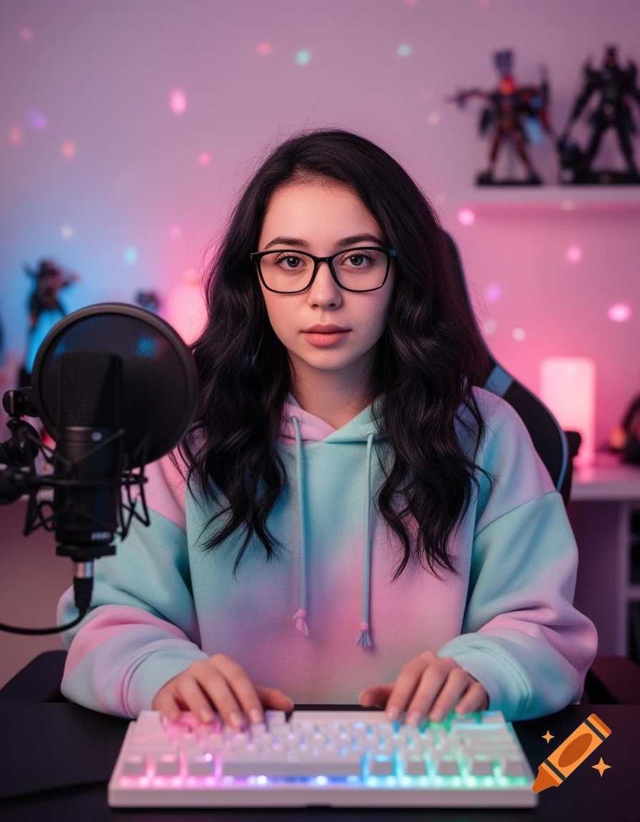 A young woman in a pastel hoodie and glasses sits at a gaming desk with a microphone and a glowing white keyboard, lit by pink and blue lights.