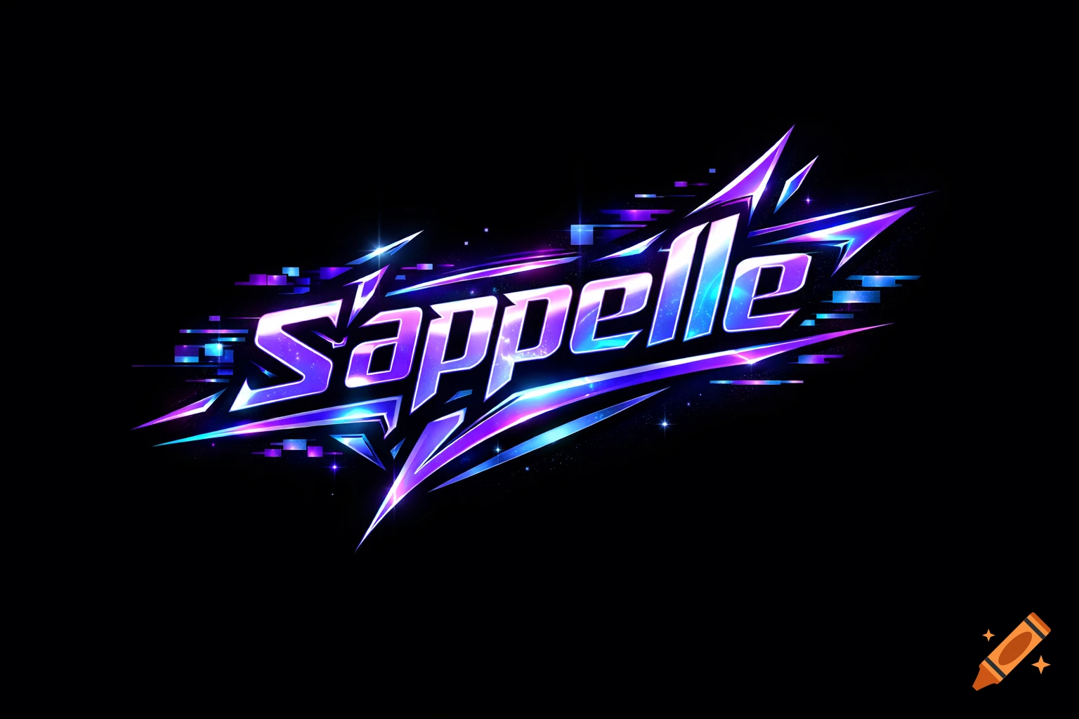 Stylized neon purple and blue logo for 'S'appelle' with sharp edges and glitch effects on a black background.