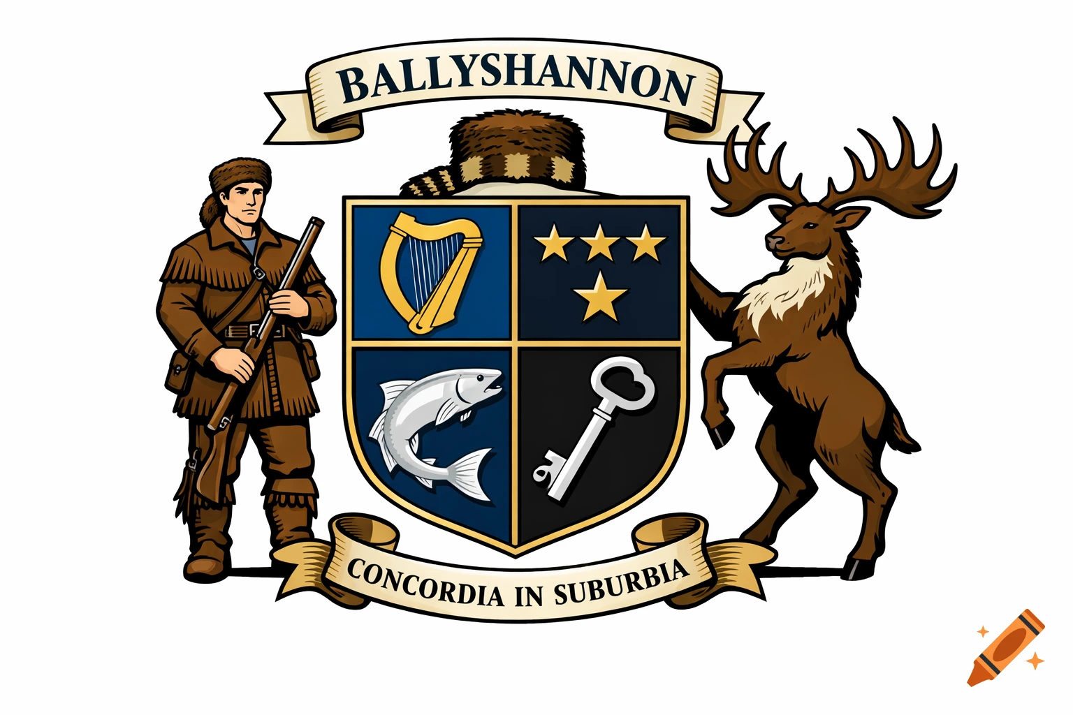 A heraldic coat of arms featuring a shield flanked by a frontiersman and an Irish elk. The shield displays a harp, stars, a salmon, and a key. Ribbons read 'BALLYSHANNON' and 'CONCORDIA IN SUBURBIA'.